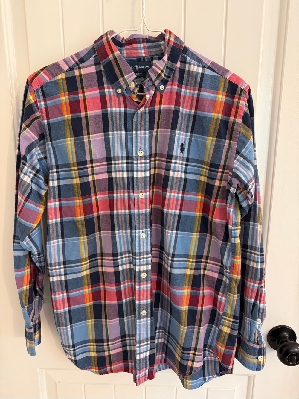 Ralph Lauren Boys 14/16 Multicolor Plaid Button-Down Shirt - Navy/Coral/Blue EUC